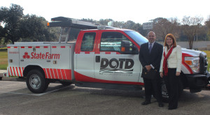 Louisiana Secretary Sheri LeBas and State Farm Representative Martin Cantu joined together to celebrate the announcement of sponsorship of the LADOTD Motorist Assistance Patrol last week.